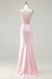 Pink Mermaid Corset Beaded Satin Prom Dress With Slit