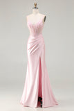 Pink Mermaid Corset Beaded Satin Prom Dress With Slit