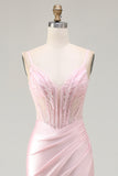 Pink Mermaid Corset Beaded Satin Prom Dress With Slit