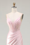 Pink Mermaid Corset Beaded Satin Prom Dress With Slit