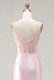 Pink Mermaid Corset Beaded Satin Prom Dress With Slit