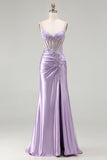 Light Purple Mermaid Corset Ruched Satin Prom Dress With Rhinestones