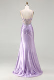 Light Purple Mermaid Corset Ruched Satin Prom Dress With Rhinestones