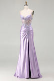 Light Purple Mermaid Corset Ruched Satin Prom Dress With Rhinestones