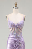 Light Purple Mermaid Corset Ruched Satin Prom Dress With Rhinestones