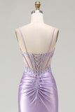 Light Purple Mermaid Corset Ruched Satin Prom Dress With Rhinestones