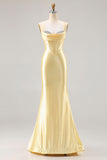 Mermaid Light Yellow Satin Beaded Corset Prom Dress