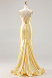 Mermaid Light Yellow Satin Beaded Corset Prom Dress