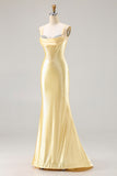 Mermaid Light Yellow Satin Beaded Corset Prom Dress