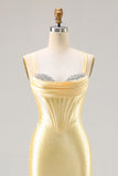 Mermaid Light Yellow Satin Beaded Corset Prom Dress