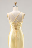 Mermaid Light Yellow Satin Beaded Corset Prom Dress