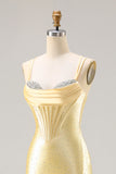 Mermaid Light Yellow Satin Beaded Corset Prom Dress