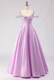 Off The Shoulder Corset Light Purple A-Line Prom Dress With Beading