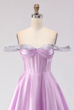 Off The Shoulder Corset Light Purple A-Line Prom Dress With Beading