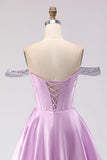 Off The Shoulder Corset Light Purple A-Line Prom Dress With Beading