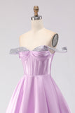 Off The Shoulder Corset Light Purple A-Line Prom Dress With Beading