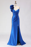 Royal Blue One Shoulder Beaded Mermaid Prom Dress With Slit