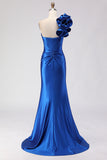 Royal Blue One Shoulder Beaded Mermaid Prom Dress With Slit