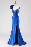 Royal Blue One Shoulder Beaded Mermaid Prom Dress With Slit