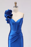 Royal Blue One Shoulder Beaded Mermaid Prom Dress With Slit