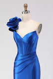 Royal Blue One Shoulder Beaded Mermaid Prom Dress With Slit