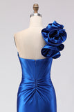 Royal Blue One Shoulder Beaded Mermaid Prom Dress With Slit