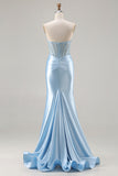 Strapless Mermaid Sky Blue Corset Prom Dress With Slit