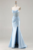 Strapless Mermaid Sky Blue Corset Prom Dress With Slit