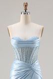 Strapless Mermaid Sky Blue Corset Prom Dress With Slit