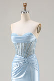 Strapless Mermaid Sky Blue Corset Prom Dress With Slit
