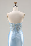 Strapless Mermaid Sky Blue Corset Prom Dress With Slit