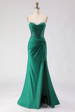 Dark Green Mermaid Sweetheart Beaded Corset Prom Dress With Slit
