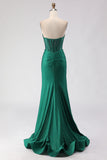 Dark Green Mermaid Sweetheart Beaded Corset Prom Dress With Slit