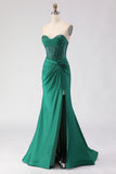 Dark Green Mermaid Sweetheart Beaded Corset Prom Dress With Slit