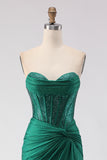 Dark Green Mermaid Sweetheart Beaded Corset Prom Dress With Slit