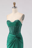 Dark Green Mermaid Sweetheart Beaded Corset Prom Dress With Slit