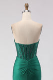 Dark Green Mermaid Sweetheart Beaded Corset Prom Dress With Slit