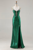 Metallic Dark Green Mermaid Beaded Corset Prom Dress With Slit