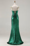Metallic Dark Green Mermaid Beaded Corset Prom Dress With Slit