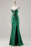 Metallic Dark Green Mermaid Beaded Corset Prom Dress With Slit