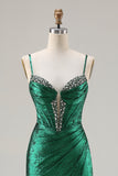 Metallic Dark Green Mermaid Beaded Corset Prom Dress With Slit