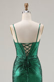 Metallic Dark Green Mermaid Beaded Corset Prom Dress With Slit