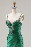 Metallic Dark Green Mermaid Beaded Corset Prom Dress With Slit