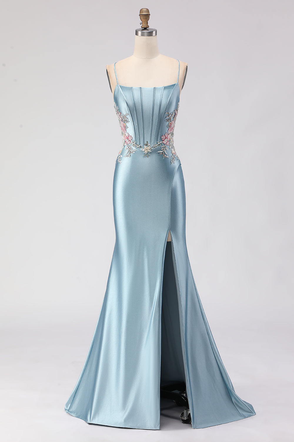 Berylove Women Grey Blue Satin Prom Dress With Slit Mermaid Spaghetti Straps Corset Maxi Formal Dress With Lace Up Back, Grey Blue / US26W Berylove Women Grey Blue Satin Prom Dress With Slit Mermaid Spaghetti Straps Corset Maxi Formal Dress With Lace Up Back, Grey Blue / US26W