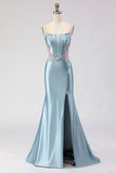 Mermaid Grey Blue Corset Satin Prom Dress With Slit