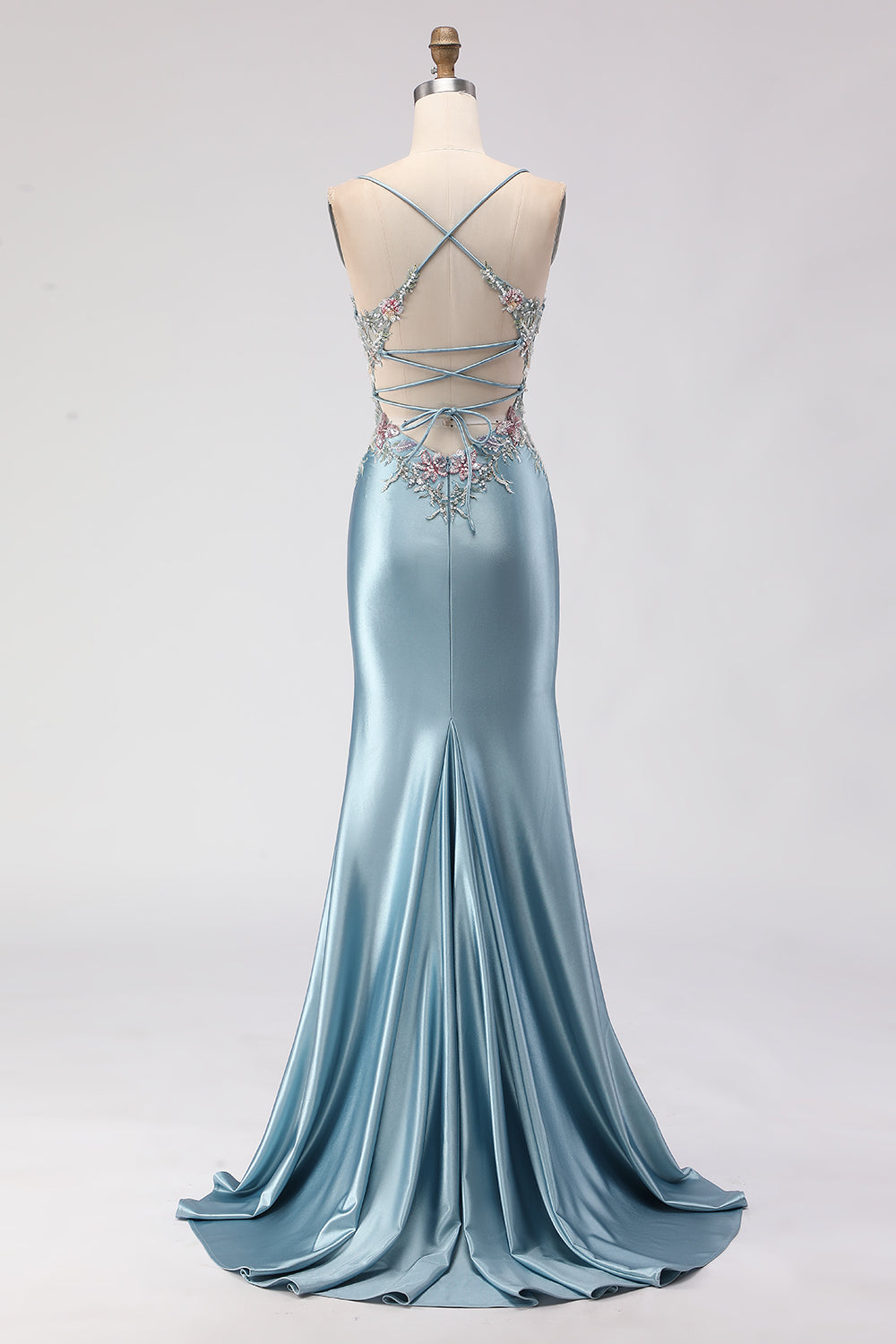 Berylove Women Grey Blue Satin Prom Dress With Slit Mermaid Spaghetti Straps Corset Maxi Formal Dress With Lace Up Back Berylove Women Grey Blue Satin Prom Dress With Slit Mermaid Spaghetti Straps Corset Maxi Formal Dress With Lace Up Back
