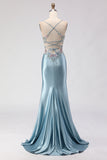 Mermaid Grey Blue Corset Satin Prom Dress With Slit