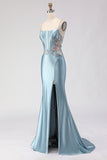Mermaid Grey Blue Corset Satin Prom Dress With Slit