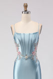 Mermaid Grey Blue Corset Satin Prom Dress With Slit