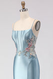 Mermaid Grey Blue Corset Satin Prom Dress With Slit